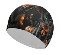 Halloween Black Cat Swim Cap for Women Men High Elasticity Anti Slip Waterproof Comfortable Swimming Hat Bathing Cap