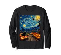 Halloween Black Cat Van Gogh Starry Witch Party Costume Long Sleeve T-Shirt