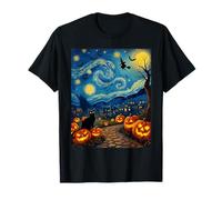 Halloween Black Cat Van Gogh Starry Witch Party Costume T-Shirt