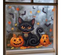 Halloween Black Cat Window Clings, Reusable Halloween Window Stickers with Pumpkins, Bats & Autumn Leaves, Static Cling Window Decals for Home, Glass Door, Classroom & Party Decorations