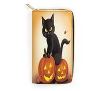 Halloween Black Cats Pumpkin Slim Thin Credit Card Wallet, PU Leather Bifold Cash Wallet, Zipper Coin Pocket Id Window Wallet Storage Bag Wallet Coin Purse Pouch Change Holder Small with Zipper for Me