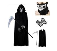 Halloween Black Grim Reaper Costume Set - 5PCS 180CM Cloak, Glowing Eyes, Skeleton Mask,Skeleton Gloves & Scythe, Fancy Dress for Adults & Adolescents, Party Cosplay