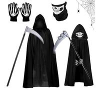 Halloween Black Hooded Cape Witch,Halloween Vampire Cloak Capes, Cosplay Accessories with Skull Face Mask Skull Gloves for Masquerade, Cosplay Decoration, Family Party-110CM