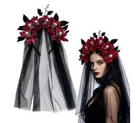 Halloween Black Lace Veil Headband, Gothic Corpse Bridal Lace Wedding | Bridal Veil with Black Roses & Skull, Day of the Dead Costume Headwear Accessories for Ghost Party Cosplay