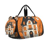 Halloween Black Orange Spooky Haunted House Kids Duffel Bag with Shoes Compartment Multifunctional Carry on Luggage for School Practice, Sports, Travel
