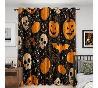 Halloween Blackout Curtains Bedroom 46 x 54, Skull Pumpkin Curtains for Home Decor, Living Room, Thermal Eyelet Patterned Window Drapes, 54 Inch Drop 2 Panels （JG664）