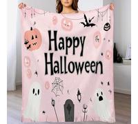 Halloween Blanket 200 x 200cm - Super Soft & Cosy - pink Ghost、 pumpkin、 witch hat Blanket - Halloween Decorations
