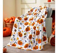 Halloween Blanket - 50"x60" Soft Plush Throw with Spider Web, Bat & Pumpkin Prints - Cozy Flannel White Halloween Decoration for Party, Sofa, Bed, Living Room