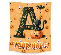 Halloween Blanket - Personalized Cat Initial Gifts for Kids - Custom Cozy Flannel Pumpkin Throw for Sofa, Bed & Halloween Decorations