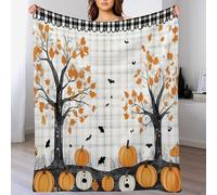 Halloween Blanket Throw Orange White Pumpkin Leaves Geometric Illustrations Print On Fleece Flannel Blanket For Sofa Bed Couch Chair Halloween Decorations,40"X50"(100X130Cm)