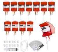 Halloween Blood IV Bags, 12 Pack 350mL Reusable Drink Storaging Bags with Syringe Clips, Blood Type Sticker, for Zombie Cosplay Vampire Party