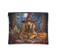 Halloween Bloodhound Dog Makeup Bag 7x9 Inch for Travel Pouch, Fun Scary Witch Bat Print Cosmetic Pouch for Women, Witchy Tarot Portable Canvas Zipper Organizer