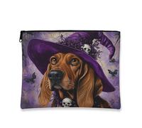 Halloween Bloodhound Dog Makeup Bag 7x9 Inch for Travel Purse, Fun Gothic Witch Bat Pattern Cosmetic Pouch for Women, Witchy Portable Canvas Zipper Organizer