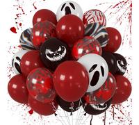 Halloween Bloody Balloons 12 Inch 51 Pcs Red and Black Scary Balloons with Ghost Expression Print Balloon Crimson Vivid Red Blood Hand Marble Balloon for Spooky Haunted House Scream Creepy Decor