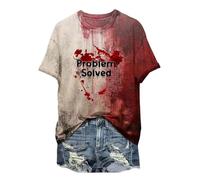 Halloween Bloody T Shirt For Women Problem Solved T Shirt I'm Fine Bloody Shirt Women Funny Halloween Blood Horror Clothes Gift Blood Splatter Top Blood Splash Pattern Problem Solved Halloween T-Shirt