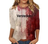 Halloween Bloody Tshirts for Women Halloween Blood Print Top Scary Spooky Season Shirt 3/4 Length Sleeve Blood Splatte Horror Clothes Playful Festival Outfit Costume (Brick Red, XL)