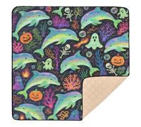 Halloween Blue Dolphin Pumpkin Skull Cute Foldable Baby Floor Play mat for Indoor Outdoor Cozy Breathable Foldable Baby Kick Crawling Mat for Baby Kids Toddlers Infants, 50'' x 50''alfombra