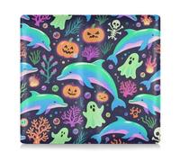 Halloween Blue Dolphin Pumpkin Skull Leather Car Registration & Insurance Card Holder Prefect Car Essentials Wallet for Documents, Cards, License