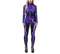 Halloween Bodysuits for Women Sexy Cospaly Skull Skeleton Print Bodycon One Piece Jumpsuits Skinny Tights Catsuit Costume Long Sleeve Bodysuit for Women (A03-Purple,L)