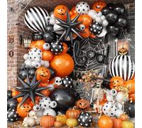 Halloween BOO Balloon Arch Garland Kit, Orange Black White Spooky Pumpkin Face Print Latex Balloons with Eyeball Spider Explosion Star Foil Balloon for Trick or Treat Scary Birthday Party Decorations