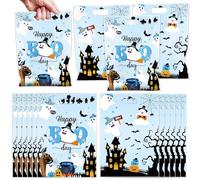 Halloween Boo Party Favor Bags - 100 Pcs Blue Happy Boo Day Goodie Candy Gift Bags Little Boo Pumpkin Themed Party Favor Supplies for Halloween Birthday Baby Shower Decorations
