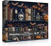 Halloween Bookshelf Puzzles for Adults 1000 Pieces, Challenging Vintage Gothic Library Jigsaw Puzzle with Pumpkins, Skulls, Candles, Bats and Spider Webs, Horror Spooky Aesthetic Art Puzzle, Black