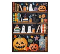 Halloween Bookshelf Puzzles for Adults 1000 Pieces, Magic Library Jigsaw Puzzles, Vintage Books with Pumpkins, Ghosts and Black Cat