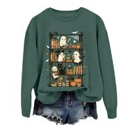 Halloween Bookshelf Sweatshirt Retro Halloween Bookshelf Shirt Reading Books Tops Green