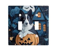 Halloween Border Collie Dog Decorative Light Switch Cover Plate 2 Gang Double Toggle, Haunted Houses Electrical Faceplate for Kitchen Bathroom, Pet Switchcover Decor