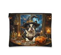Halloween Boston Terrier Dog Makeup Bag 7x9 Inch for Travel Pouch, Fun Scary Witch Bat Print Cosmetic Pouch for Women, Witchy Tarot Portable Canvas Zipper Organizer