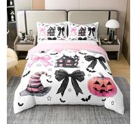 Halloween Bow Duvet Cover Set Gothic Castle Cotton Comforter Cover, Cute Ghost Spider Double Bedding Sets, Cartoon Witch Hat Pumpkin Bats Bed Set,White