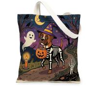 Halloween Boxer Dog Canvas Tote Bag for Shopping 13x15, Horror Puppy Graveyard Reusable Grocery Print Pattern Bag for Women, Spooky Scary Aesthetic Painting Gift Decor