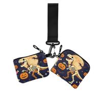 Halloween Boys Dinosaur Skeleton T Rex Scary Pumpkin Moon Women's Dual | Small Detachable Zipper Wallet Coin Bag with Keychain for Ladies Girls 2 Pcs