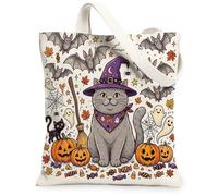 Halloween British Shorthair Cats Canvas Tote Bag for Shopping 13 * 15, Cute Holiday Bats Reusable Grocery Bag for Women, Ghosts Travel Pattern Gift Decoration