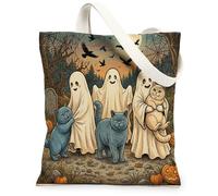 Halloween British Shorthair Cats Canvas Tote Bag for Shopping 13 * 15, Holiday Ghosts Reusable Fashion Bag for Women, Forest Work Travel Pattern Gift Decor