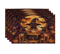 Halloween Bullmastiffs Dog Placemats Set of 4, 12x18 Inch, Vintage Puppy Witch Cauldron 4Pcs Soft Table Mats for Dinning, Scary Pattern Holiday Home Kitchen Decor