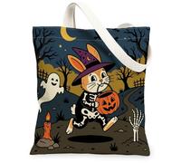 Halloween Bunny Canvas Tote Bag for Shopping 13x15, Horror Animal Graveyard Reusable Grocery Print Pattern Bag for Women, Spooky Scary Aesthetic Painting Gift Decor