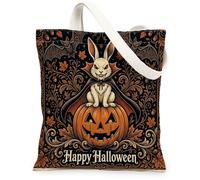 Halloween Bunny Rabbits Canvas Tote Bag for Shopping 13 * 15, Holiday Funny Leaf Reusable Grocery Bag for Women, Fall Travel Pattern Gift Decoration