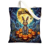 Halloween Bunny Rabbits Canvas Tote Bag for Shopping 13 * 15, Holiday Graveyard Reusable Grocery Bag for Women, Pumpkins Work Travel Painting Gift Decor