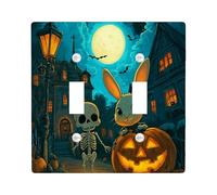 Halloween Bunny Rabbits Decorative Light Switch Cover Plate 2 Gang Double Toggle, Funny Skeleton Electrical Faceplate for Kitchen Bathroom, Spooky Switchcover Decor