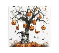 Halloween Bunny Rabbits Decorative Light Switch Cover Wall Plate 2 Gang Double Toggle, Funny Pumpkins Tree Electrical Faceplate for Kitchen Bathroom, Animal Switchcover Decor