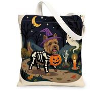Halloween Cairn Terrier Dog Canvas Tote Bag for Shopping 13x15, Horror Puppy Graveyard Reusable Grocery Print Pattern Bag for Women, Spooky Scary Aesthetic Painting Gift Decor
