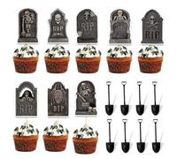 Halloween Cake Topper, 24 Pieces Halloween Graveyard Cake Decoration with 24 Pieces Mini Scoops, Halloween Cake Toppers, Halloween Cake Decoration, Muffin Decoration for Halloween Horror Party