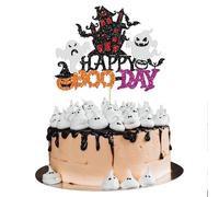 Halloween Cake Topper, Glitter Happy Boo Day Ghost House Cake Decoration, Halloween Birthday Party Decoration, 5.5 x 4.2 inches