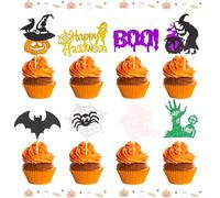 Halloween Cake Toppers, 24PCS Halloween Cake Decorations, Glitter Cupcake Toppers with Pumpkin Ghost Witch Bat Spider Patterns for Halloweens Theme Party Supplies No DIY A9WSCP24-B (B)