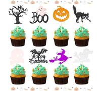 Halloween Cake Toppers, 24PCS Halloween Cake Decorations, Glitter Cupcake Toppers with Pumpkin Ghost Witch Bat Spider Patterns for Halloweens Theme Party Supplies No DIY A9WSCP24 (A)