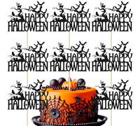 Halloween Cake Toppers Black Glitter Happy Halloween Cupcake Topper - 8PCS Spooky Graveyard Bat Owl Spider Tree Silhouette Design Cake Pick for Halloween Party Cake Decorations