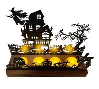 Halloween Candle Holder - Metal Castle Silhouette with Witch, Cemetery & Ghosts, Removable Wooden Base for 4 Tea Lights, Durable & Easy to Clean, Halloween Table Decoration for Party, Mantle & Living