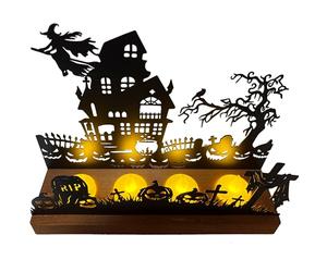 Halloween Candle Holder - Metal Castle Silhouette with Witch, Cemetery & Ghosts, Removable Wooden Base for 4 Tea Lights, Durable & Easy to Clean, Halloween Table Decoration for Party, Mantle & Living