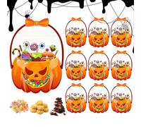 Halloween Candy Bags | Pack of 10 Transparent Pumpkin Bags with Handles | Fixed Bag Scary Decorative Bucket for Sweets Party Snacks Birthday | Filling with Toys and Treats